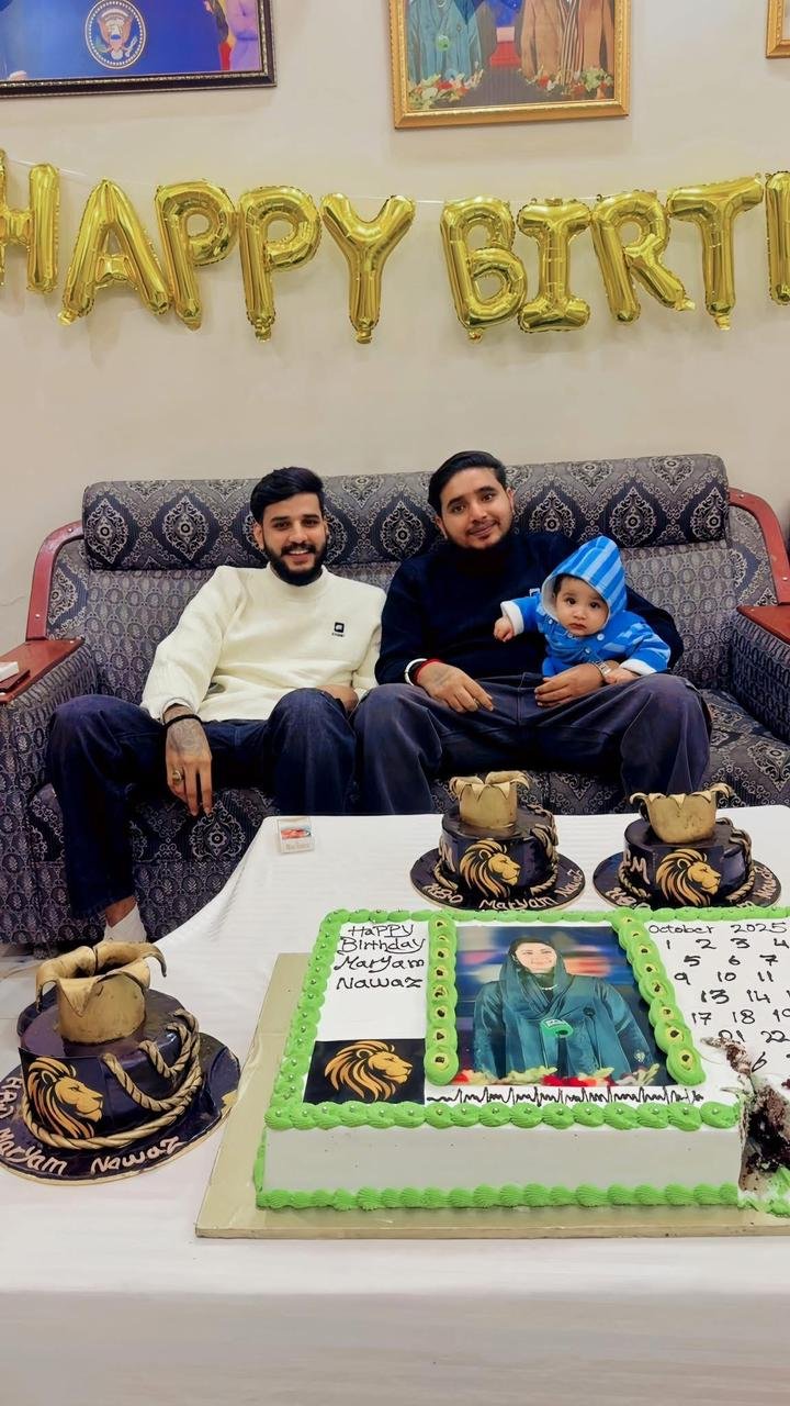 Azeem Gujjar with his friend Badil Hans and son Raees Gujjar celebrating Maryam Nawaz birthday by cutting cake